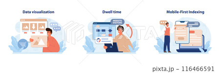 Digital marketing set. Marketing strategy development innovative techniques, tools and services. Web marketing technologies for brand online promotion. Flat vector illustration Digital marketing set. Marketing strategy development innovative techniques, tools and services. Web marketing technologies for brand online promotion. Flat vector illustration 116466591