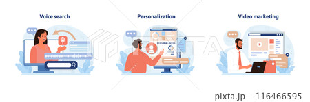 Digital marketing set. Marketing strategy development innovative techniques, tools and services. Web marketing technologies for brand online promotion. Flat vector illustration 116466595