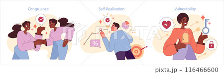 Authenticity set. Positive psychology, personality development and self-expression. Mindfulness, self acceptance and well-being. Authentic self-realization. Flat vector illustration 116466600