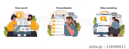 Digital marketing set. Marketing strategy development innovative techniques, tools and services. Web marketing technologies for brand online promotion. Flat vector illustration Digital marketing set. Marketing strategy development innovative techniques, tools and services. Web marketing technologies for brand online promotion. Flat vector illustration 116466611