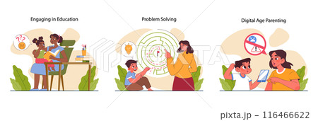 Positive parenting set. Nurturing of your child's responsibility. Kid learning family rules and values, household chores, discipline. Flat vector illustration 116466622