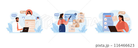 Public opinion polling set. Character participation in an online survey. Assessing people's impression of services. Opinion questionnaire form. Flat vector illustration 116466623