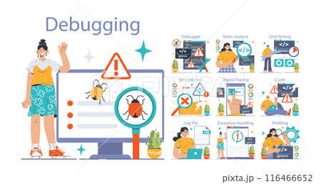 Software testing set. Code testing and debugging. IT specialist searching for bugs using functional methods. Website and application development. Flat vector illustration Software testing set. Code testing and debugging. IT specialist searching for bugs using functional methods. Website and application development. Flat vector illustration 116466652