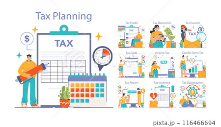 Tax optimization set. Financial efficiency, budgeting and economy idea. Taxes planning, declaration preparing and calculation. Flat vector illustration 116466694
