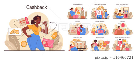 Loyalty program set. Rewards, offers, cashback and card points. Commercial program for client retention. PR campaign for customer loyalty. Marketing promotion. Flat vector illustration 116466721