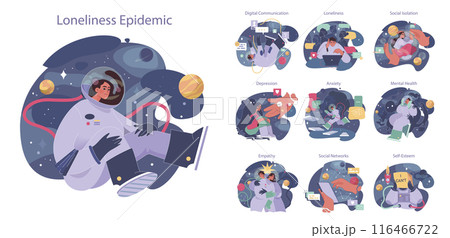 Loneliness set. Unhappy person, astronaut left alone in space. Character suffering from solitude. Modern communication problem and self-isolation. Flat vector illustration Loneliness set. Unhappy person, astronaut left alone in space. Character suffering from solitude. Modern communication problem and self-isolation. Flat vector illustration 116466722
