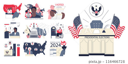 Presidential election set. American election campaign between democrats and republicans party. USA political and voting system. Democratic procedure, electoral process. Flat vector illustration Presidential election set. American election campaign between democrats and republicans party. USA political and voting system. Democratic procedure, electoral process. Flat vector illustration 116466728