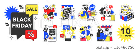 Black friday set. Shopping cart and bags with goods and presents. Offline and online shopping with a big discount and special offer. Promo advertising. Flat vector illustration 116466750