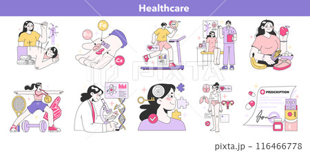 Healthcare set. Diverse wellness activities and medical check-ups. Holistic approach to well-being. Flat vector illustration Healthcare set. Diverse wellness activities and medical check-ups. Holistic approach to well-being. Flat vector illustration 116466778