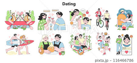 Dating set. Cute romantic couple communicating on a date. Cute woman and man in love spend time together. Relationship leisure. Flat vector illustration 116466786