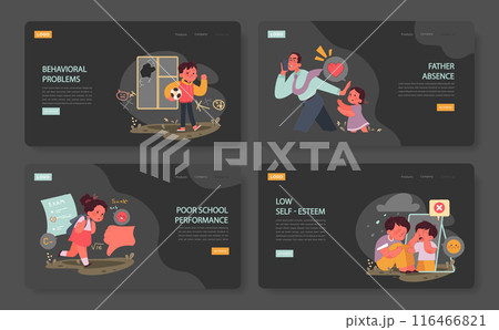 Uninvolved or neglectful fatherhood nighmode or darkmode web banner or landing page set. Absent dad showing a lack of parental interest. Child mental and behavioral problems. Flat vector illustration 116466821