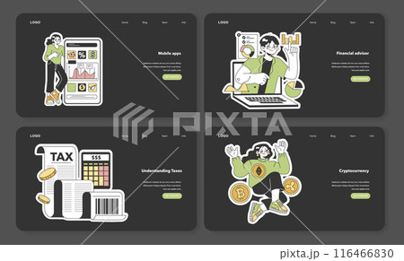 Financial literacy web banner or landing page set. Personal budget development, money planning and control. Currency balance, assets management. Financial well-being. Flat vector illustration 116466830