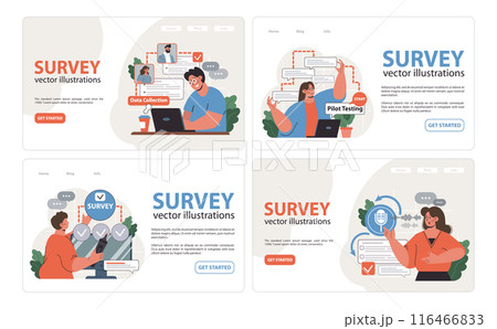 Public opinion polling web banner or landing page set. Character participation in an online survey. Assessing people's impression of services. Opinion questionnaire form. Flat vector illustration 116466833