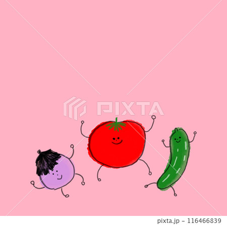 かわいい夏野菜のキャラクターイラスト（トマト、ナス、キュウリ） 116466839
