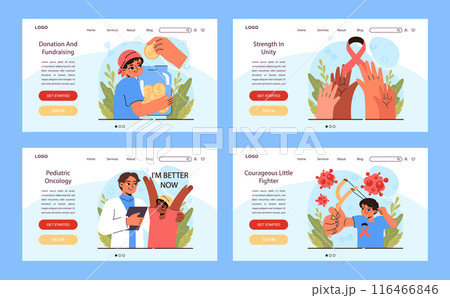 Child cancer web banner or landing page set. Little kid getting oncological illness medical treatment. Pediatric diagnosis, chemotherapy and remission. Flat vector illustration 116466846