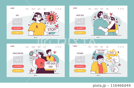 World AiDs day web banner or landing page set. HIV immunodeficiency virus transmission, laboratory diagnostic and treatment therapy. Dangerous disease awareness, stigma break. Flat vector illustration 116466849