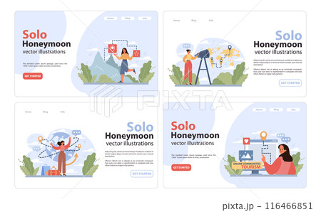 Solo travel, honeymoon web banner or landing page set. Female character traveling alone. Woman outdoor relaxation, vacation activity. Adventurous lifestyle. Flat vector illustration 116466851