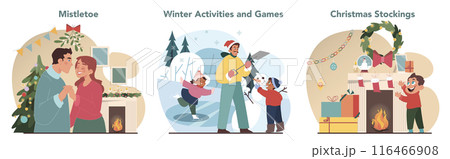 Christmas celebration set. Cheerful family members or friends having fun on festive night. People spending time together on winter holidays. Festive traditions. Flat vector illustration 116466908