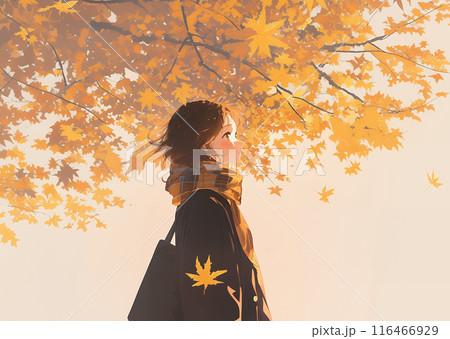 真剣な眼差しの女子学生　秋の背景　AI 116466929