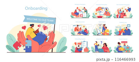 Onboarding set. Welcoming new hires with comprehensive steps. From orientation to becoming a team member. Flat vector illustration. Onboarding set. Welcoming new hires with comprehensive steps. From orientation to becoming a team member. Flat vector illustration. 116466993