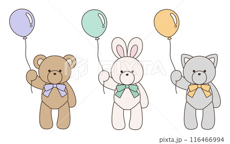 風船を持ってリボンをつけたかわいいくまとうさぎとねこのぬいぐるみのベクターイラストセット アイコン 風船を持ってリボンをつけたかわいいくまとうさぎとねこのぬいぐるみのベクターイラストセット アイコン 116466994