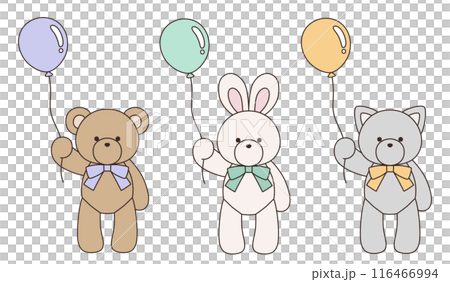 風船を持ってリボンをつけたかわいいくまとうさぎとねこのぬいぐるみのベクターイラストセット アイコン 風船を持ってリボンをつけたかわいいくまとうさぎとねこのぬいぐるみのベクターイラストセット アイコン 116466994