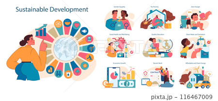 SDG or sustainable development goals set. Global target for better future including gender equality, health, education, clean energy, and economic growth. ESG and CSR. Flat vector illustration 116467009