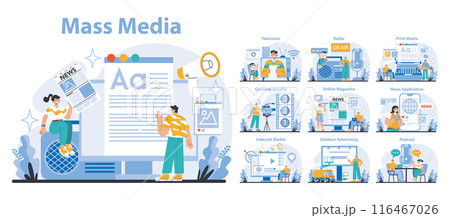 Mass media set. Diverse digital platforms and broadcasting methods. Engaging content creation and sharing. Communication technology evolution. Flat vector illustration. 116467026