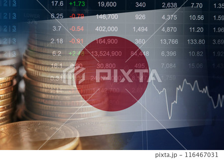 Japan flag with stock market finance, economy trend graph digital technology. Japan flag with stock market finance, economy trend graph digital technology. 116467031