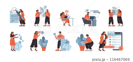 Financial planning set. Professionals engaged in monetary management, investment strategy, and economic research, emphasizing fiscal responsibility and growth. Flat vector illustration. 116467069