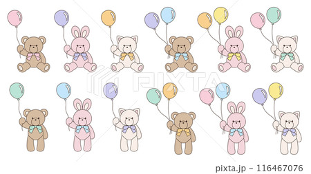 風船を持ってリボンをつけたかわいいくまとうさぎとねこのぬいぐるみのベクターイラストセット アイコン 風船を持ってリボンをつけたかわいいくまとうさぎとねこのぬいぐるみのベクターイラストセット アイコン 116467076