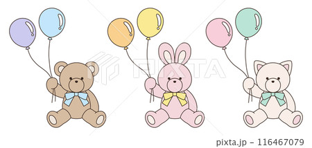 風船を持ってリボンをつけたかわいいくまとうさぎとねこのぬいぐるみのベクターイラストセット　アイコン 116467079