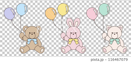 風船を持ってリボンをつけたかわいいくまとうさぎとねこのぬいぐるみのベクターイラストセット　アイコン 116467079