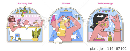 Wellness trio set. Savoring a relaxing bath, enjoying a refreshing shower, and indulging in a facial massage. Self-care practices for relaxation and rejuvenation. Flat vector illustration. Wellness trio set. Savoring a relaxing bath, enjoying a refreshing shower, and indulging in a facial massage. Self-care practices for relaxation and rejuvenation. Flat vector illustration. 116467102