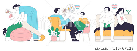 Gender transition consequences set. Gender-affirming therapy, positive and negative experience. Transgender person mental health, legalization, activism and discrimination. Flat vector illustration 116467125