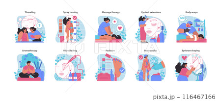 Wellness and beauty set. A diverse range of body and facial treatments for relaxation and aesthetics. Inclusive self-care experiences. Flat vector illustration. Wellness and beauty set. A diverse range of body and facial treatments for relaxation and aesthetics. Inclusive self-care experiences. Flat vector illustration. 116467166