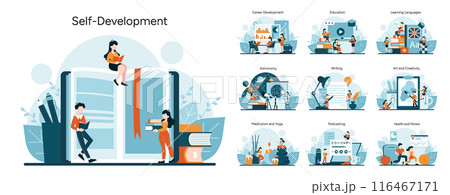 Self-Development set. A panorama of individual growth activities. Reading, career and language skills enhancement. Creative arts, astronomy, wellness practices. Vector illustration 116467171