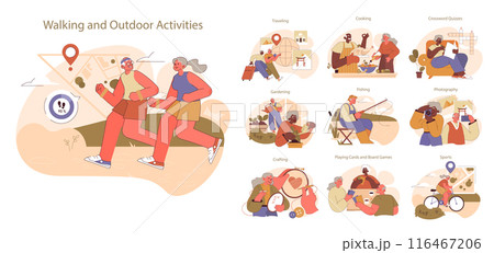 Retirees' Activities set. Seniors indulge in diverse pastimes from outdoor walks to crafts, capturing the essence of active retirement. A showcase of vitality and hobbies. 116467206