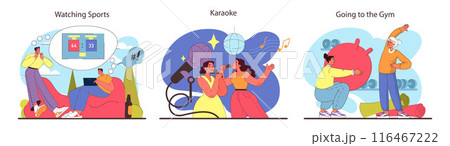 Friends activities set. Groups enjoy varied pastimes, from intense sports viewing and vibrant karaoke singing to fitness workouts. Embracing fun, music, and health. Flat vector illustration. Friends activities set. Groups enjoy varied pastimes, from intense sports viewing and vibrant karaoke singing to fitness workouts. Embracing fun, music, and health. Flat vector illustration. 116467222
