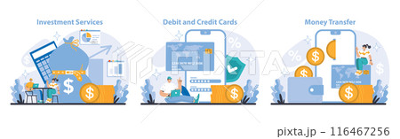 Core Banking Service selection. Illustrating investment options, card transactions, and money transfers. Streamlining financial operations visually. Flat vector illustration. 116467256