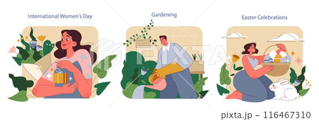 Spring Celebration set. Honoring women, nurturing gardens, and festive Easter. Moments of joy, growth, and renewal. 116467310