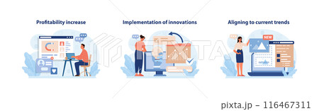 Profitability and Innovation Strategies Set. Vibrant vector illustrations depicting profit growth, innovative solution implementation, and trend adaptation for brand rebranding. Flat vector. 116467311