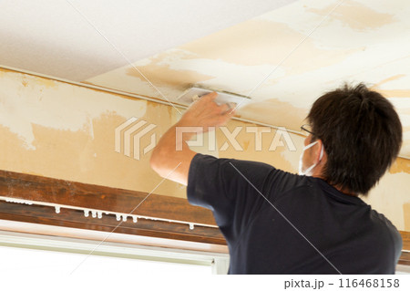 中古住宅のリフォームでクロスを張る職人 中古住宅のリフォームでクロスを張る職人 116468158