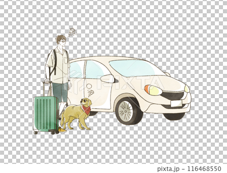A man with a troubled expression and a dog traveling by car in the summer 116468550