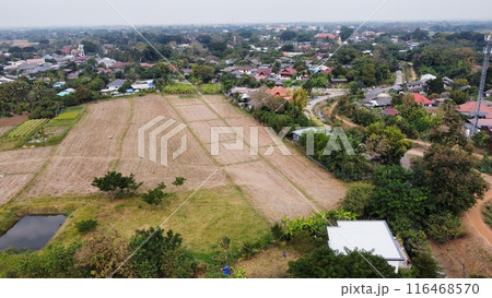 Aerial view of rice field and village in the countryside 116468570