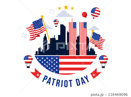 Happy USA Patriot Day Vector Illustration featuring the United States Flag, 9/11 Memorial, and We Will Never Forget Background in Flat Cartoon Style 116469096