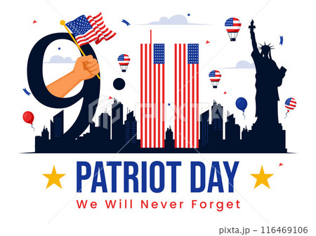 Happy USA Patriot Day Vector Illustration featuring the United States Flag, 9/11 Memorial, and We Will Never Forget Background in Flat Cartoon Style 116469106
