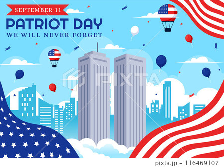 Happy USA Patriot Day Vector Illustration featuring the United States Flag, 9/11 Memorial, and We Will Never Forget Background in Flat Cartoon Style 116469107