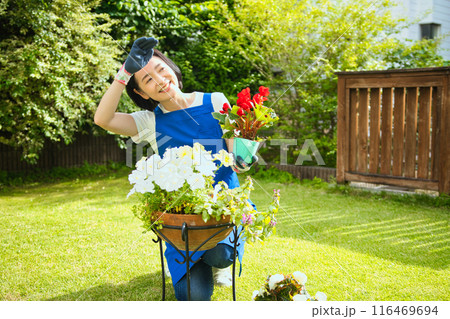 寄せ植えをする笑顔のミドル女性 116469694