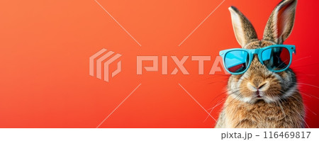Funny rabbit wearing blue sunglasses on red background. Humorous and cute concept of animal fashion and style. Easter and spring concept. Funny rabbit wearing blue sunglasses on red background. Humorous and cute concept of animal fashion and style. Easter and spring concept. 116469817